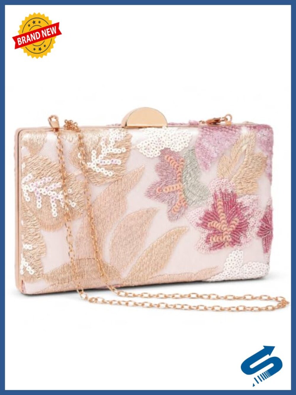 Beaded Floral Evening Clutch with Gold Chain Strap - Women's Formal Handbag